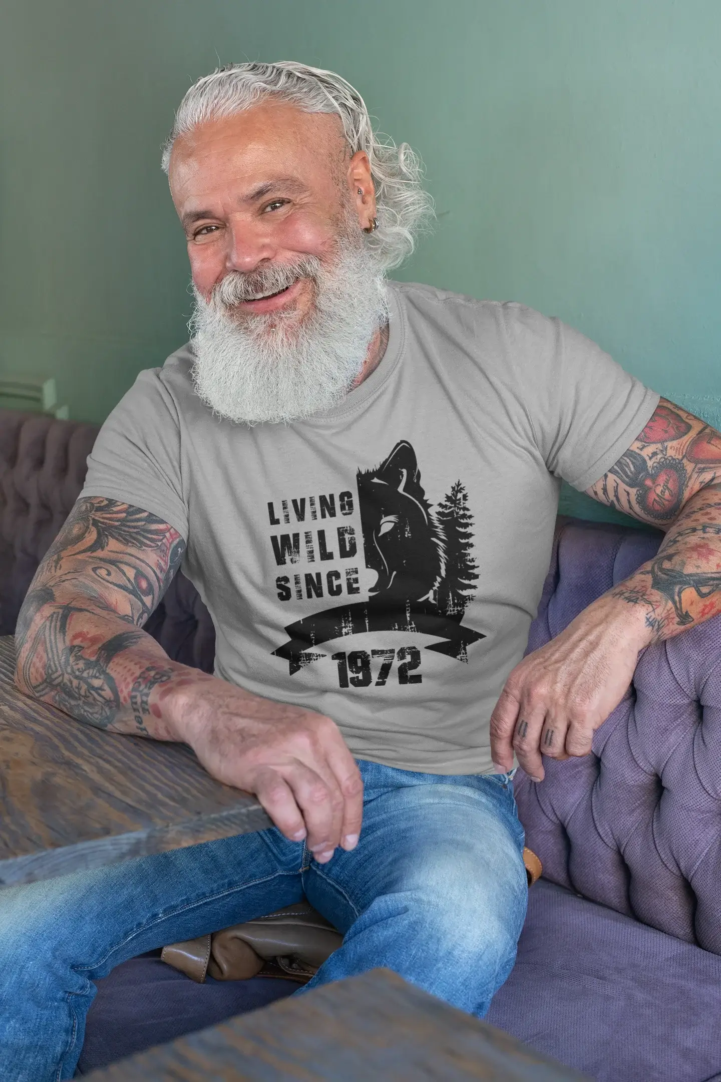 1972, Living Wild Since 1972 Men's T-shirt Grey Birthday Gift 00500