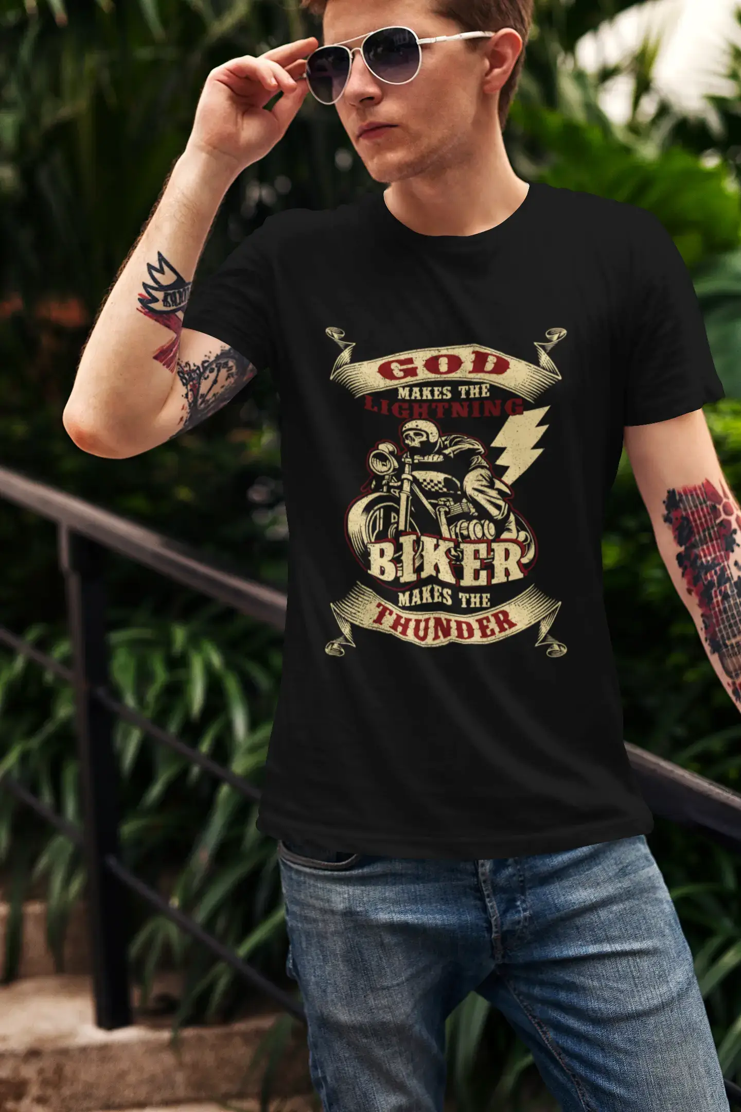 ULTRABASIC Men's Graphic T-Shirt God Makes The Lightning - Biker Makes The Thunder - Biker Tee Shirt