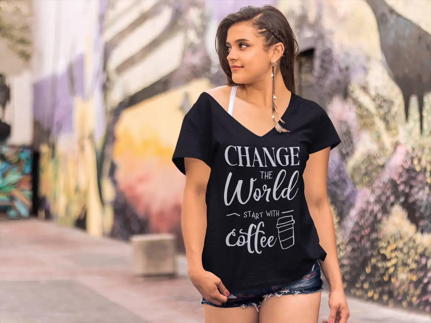 ULTRABASIC Women's T-Shirt Change the World Start With Coffee - Short Sleeve Tee Shirt Tops