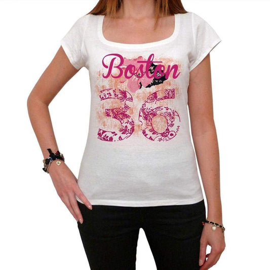 36 Boston City With Number Womens Short Sleeve Round White T-Shirt 00008 - Casual