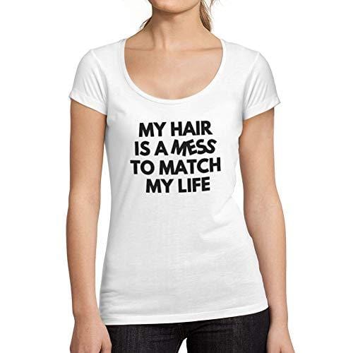 Ultrabasic - Tee-Shirt Femme col Rond Décolleté My Hair is a MessBlanc