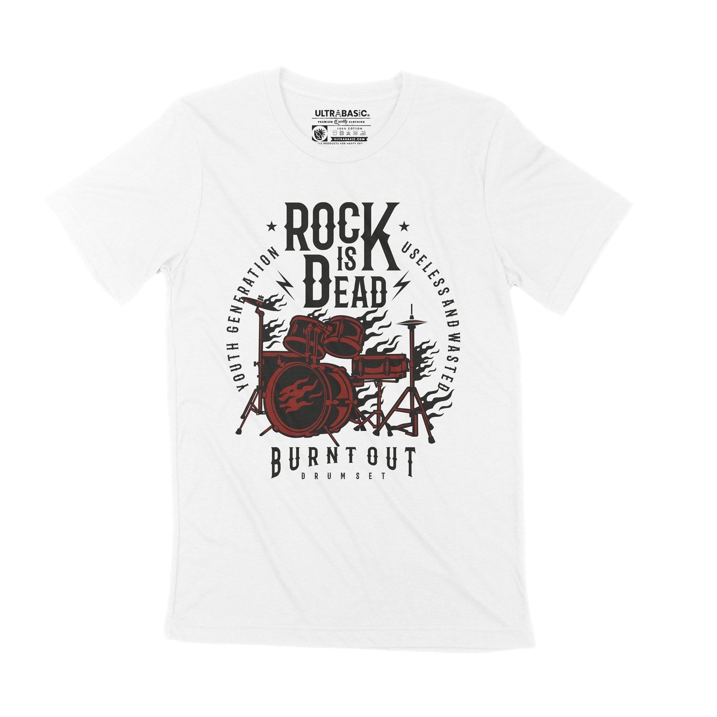 ULTRABASIC Men's T-Shirt Rock is Dead - Burnt Out Drumset Music Tee Shirt