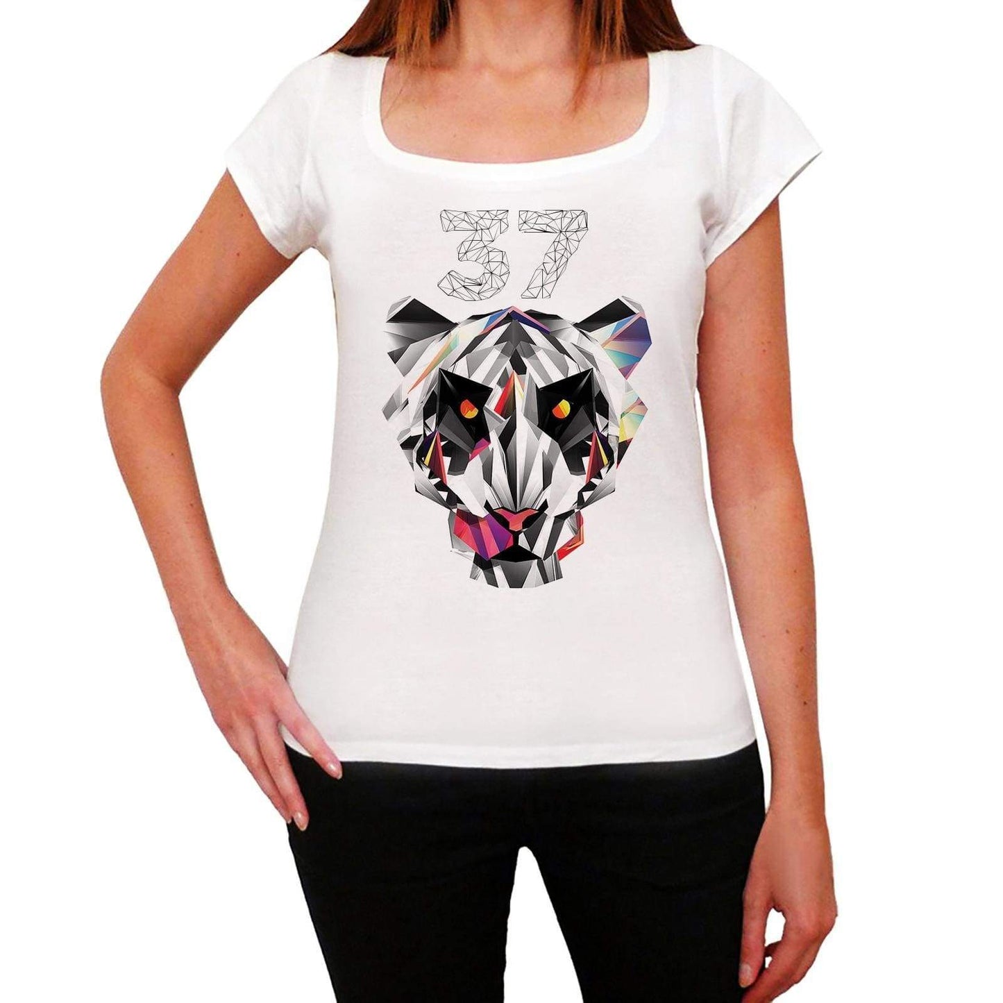 Geometric Tiger Number 37 White Womens Short Sleeve Round Neck T-Shirt 00283 - White / Xs - Casual