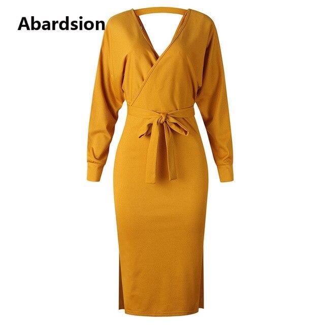 Abardsion Women Knitted Sweater Dress Wrap Belted Tunic Midi Vestidos Long Sleeve Double V Neck Split Casual Autumn Dresses 2019