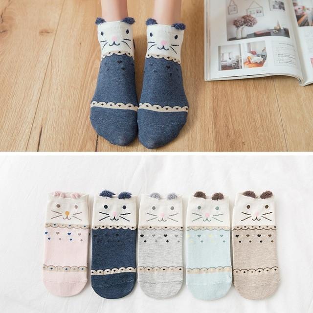 5Pairs New Arrivl Women Cotton Socks Pink Cute Cat Ankle Socks Short Women Socks Casual Animal Ear Red Heart Gril Socks 35-40