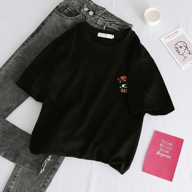 Korean cartoon Embroidery Loose basic t shirt autumn long Sleeve Simple T-shirts for Women harajuku Kawaii funny student tshirt