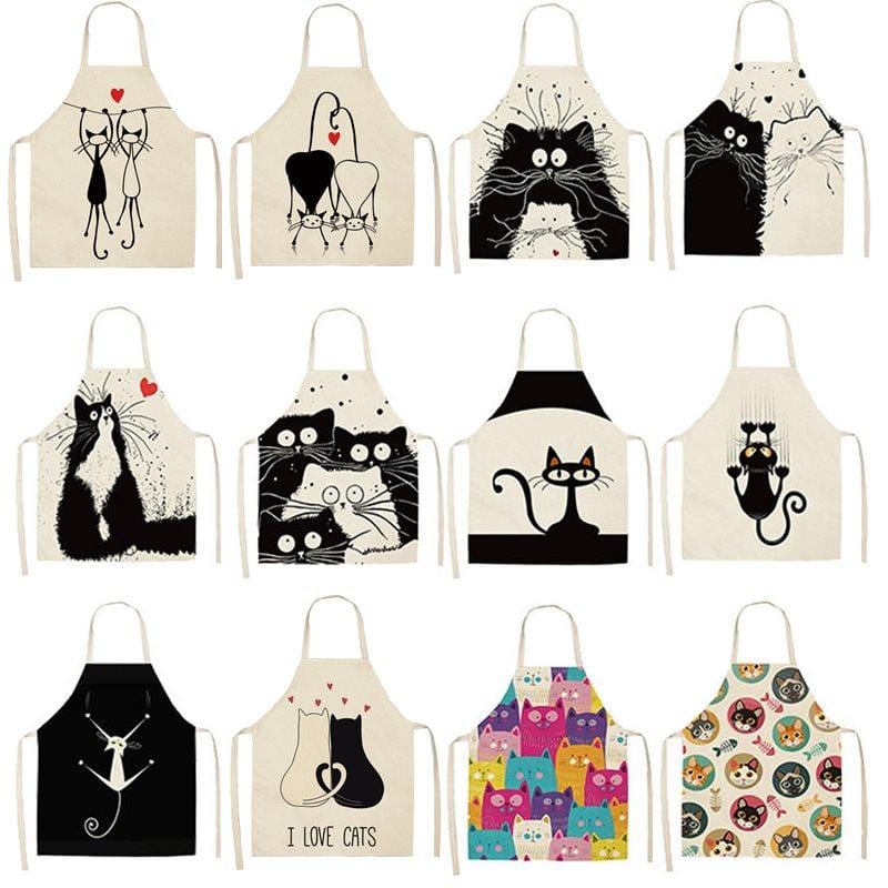 1Pcs Kitchen Apron Cute Cartoon Cat Printed Sleeveless Cotton Linen Aprons for Men Women Home Cleaning Tools 53*65cm WQ0029