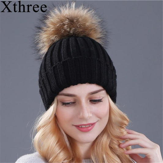 Xthree mink and fox fur ball cap pom poms winter hat for women girl 's hat knitted beanies cap brand new thick female cap