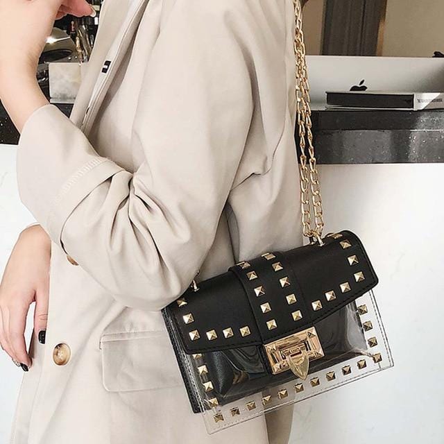 Small clear Brand Designer Woman 2020 New Fashion Messenger Bag Chains Shoulder Bag Female Rivets Transparent Square PU Handbag