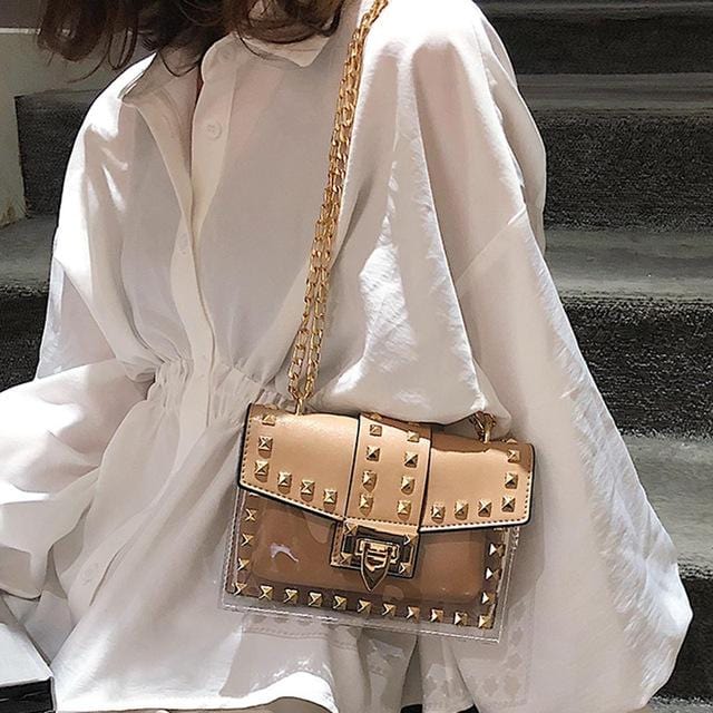 Small clear Brand Designer Woman 2020 New Fashion Messenger Bag Chains Shoulder Bag Female Rivets Transparent Square PU Handbag