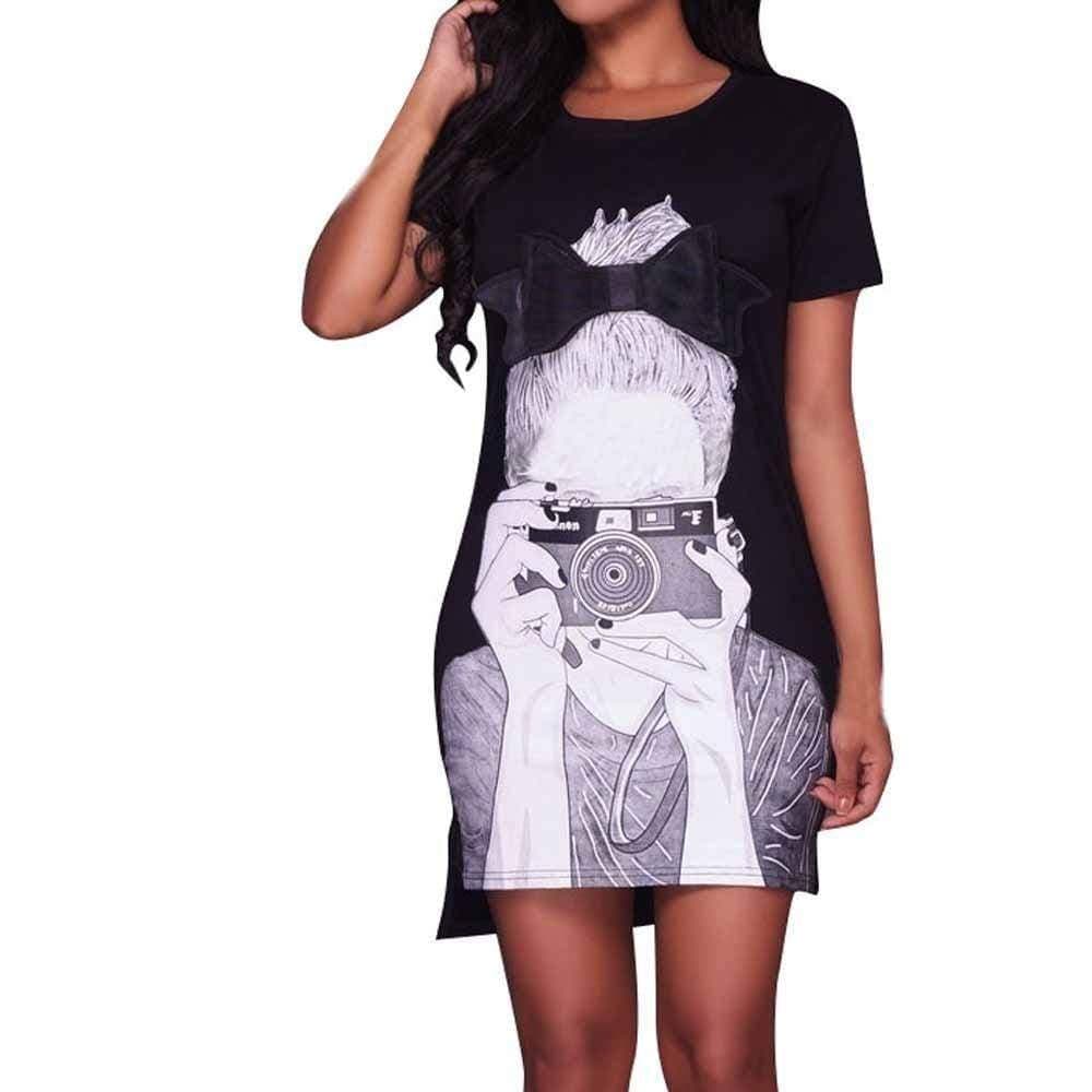 Womens Short Sleeve Printing Casual Mini Dress Fashion Sexy Dress - Black / L